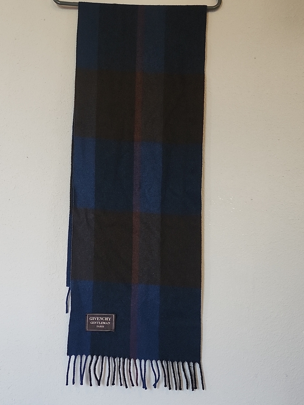 Autentic Givenchy Blue & Black Plaid Wool Scarf with Subtle Brown Stripe